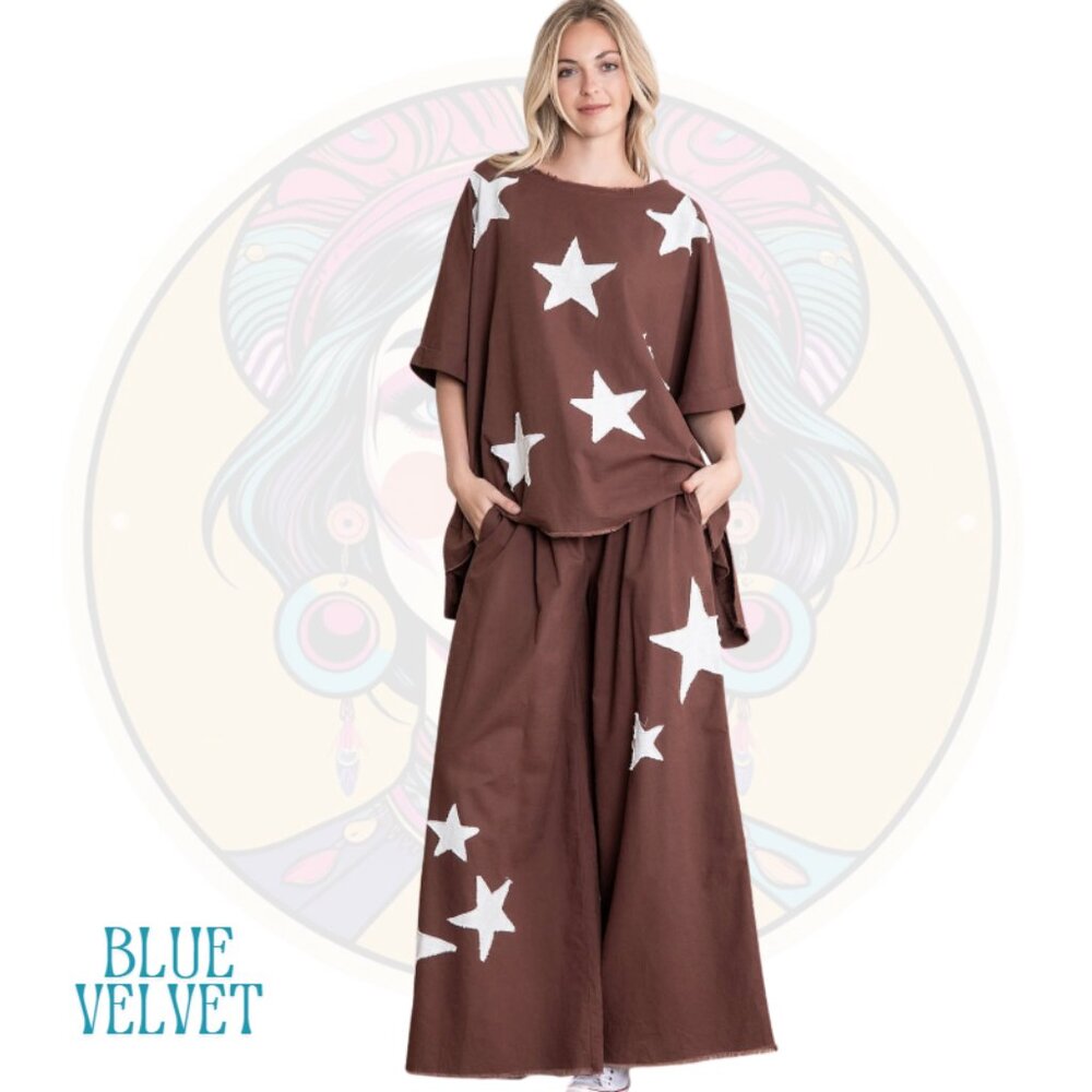 9V BLUE VELVET Linen Blend Star Patch Top & Pants Set Brown